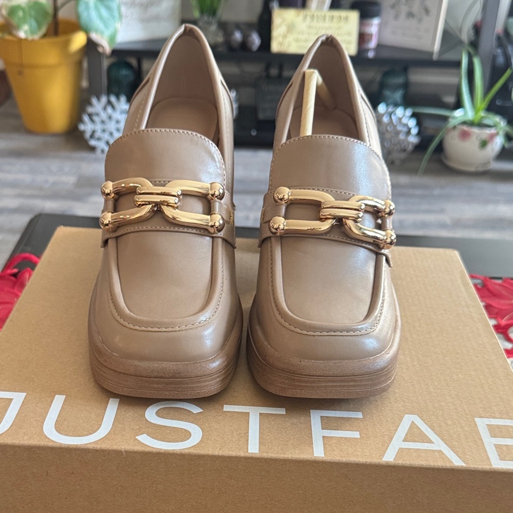 JustFab Beige Loafers with Gold Accent